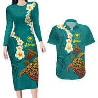 Hawaii Turtle Plumeria Flower Couples Matching Long Sleeve Bodycon Dress and Hawaiian Shirt Polynesian Pattern Turquoise Color LT03 Turquoise - Polynesian Pride