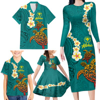 Hawaii Turtle Plumeria Flower Family Matching Long Sleeve Bodycon Dress and Hawaiian Shirt Polynesian Pattern Turquoise Color LT03 - Polynesian Pride