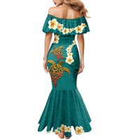 Hawaii Turtle Plumeria Flower Family Matching Mermaid Dress and Hawaiian Shirt Polynesian Pattern Turquoise Color LT03 - Polynesian Pride