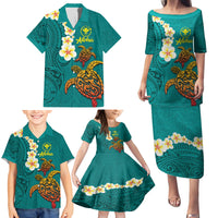 Hawaii Turtle Plumeria Flower Family Matching Puletasi and Hawaiian Shirt Polynesian Pattern Turquoise Color LT03 - Polynesian Pride