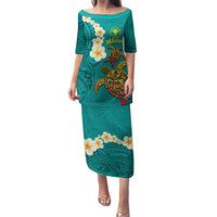 Hawaii Turtle Plumeria Flower Family Matching Puletasi and Hawaiian Shirt Polynesian Pattern Turquoise Color LT03 Mom's Dress Turquoise - Polynesian Pride