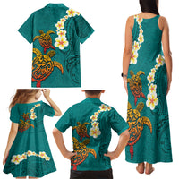 Hawaii Turtle Plumeria Flower Family Matching Tank Maxi Dress and Hawaiian Shirt Polynesian Pattern Turquoise Color LT03 - Polynesian Pride