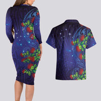 Matariki New Zealand Maori and Pohutukawa Couples Matching Long Sleeve Bodycon Dress and Hawaiian Shirt Galaxy Blue Sky Style LT03 - Polynesian Pride