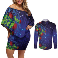 Matariki New Zealand Maori and Pohutukawa Couples Matching Off Shoulder Short Dress and Long Sleeve Button Shirt Galaxy Blue Sky Style LT03 Blue - Polynesian Pride