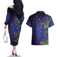 Matariki New Zealand Maori and Pohutukawa Couples Matching Off The Shoulder Long Sleeve Dress and Hawaiian Shirt Galaxy Blue Sky Style LT03 - Polynesian Pride