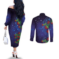 Matariki New Zealand Maori and Pohutukawa Couples Matching Off The Shoulder Long Sleeve Dress and Long Sleeve Button Shirt Galaxy Blue Sky Style LT03 - Polynesian Pride