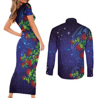 Matariki New Zealand Maori and Pohutukawa Couples Matching Short Sleeve Bodycon Dress and Long Sleeve Button Shirt Galaxy Blue Sky Style LT03 - Polynesian Pride