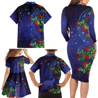 Matariki New Zealand Maori and Pohutukawa Family Matching Long Sleeve Bodycon Dress and Hawaiian Shirt Galaxy Blue Sky Style LT03 - Polynesian Pride