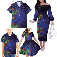 Matariki New Zealand Maori and Pohutukawa Family Matching Off The Shoulder Long Sleeve Dress and Hawaiian Shirt Galaxy Blue Sky Style LT03 - Polynesian Pride