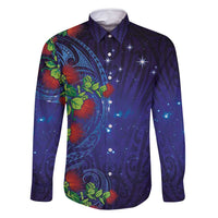 Matariki New Zealand Maori and Pohutukawa Family Matching Off Shoulder Short Dress and Hawaiian Shirt Galaxy Blue Sky Style LT03 Dad's Shirt - Long Sleeve Blue - Polynesian Pride