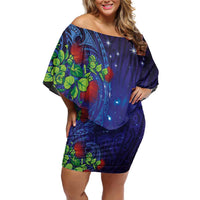 Matariki New Zealand Maori and Pohutukawa Family Matching Off Shoulder Short Dress and Hawaiian Shirt Galaxy Blue Sky Style LT03 Mom's Dress Blue - Polynesian Pride