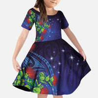 Matariki New Zealand Maori and Pohutukawa Family Matching Short Sleeve Bodycon Dress and Hawaiian Shirt Galaxy Blue Sky Style LT03 Daughter's Dress Blue - Polynesian Pride