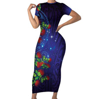 Matariki New Zealand Maori and Pohutukawa Family Matching Short Sleeve Bodycon Dress and Hawaiian Shirt Galaxy Blue Sky Style LT03 Mom's Dress Blue - Polynesian Pride