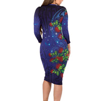 Matariki New Zealand Maori and Pohutukawa Long Sleeve Bodycon Dress Galaxy Blue Sky Style LT03 - Polynesian Pride