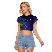 Matariki New Zealand Maori and Pohutukawa Raglan Cropped T Shirt Galaxy Blue Sky Style LT03 Female Blue - Polynesian Pride