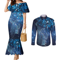 Matariki New Zealand Maori Silver Fern Couples Matching Mermaid Dress and Long Sleeve Button Shirt Galaxy Blue Sky Style LT03 Blue - Polynesian Pride