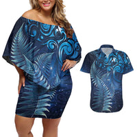 Matariki New Zealand Maori Silver Fern Couples Matching Off Shoulder Short Dress and Hawaiian Shirt Galaxy Blue Sky Style LT03 Blue - Polynesian Pride