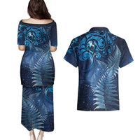 Matariki New Zealand Maori Silver Fern Couples Matching Puletasi and Hawaiian Shirt Galaxy Blue Sky Style LT03 - Polynesian Pride
