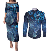 Matariki New Zealand Maori Silver Fern Couples Matching Puletasi and Long Sleeve Button Shirt Galaxy Blue Sky Style LT03 Blue - Polynesian Pride