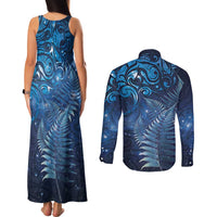Matariki New Zealand Maori Silver Fern Couples Matching Tank Maxi Dress and Long Sleeve Button Shirt Galaxy Blue Sky Style LT03 - Polynesian Pride