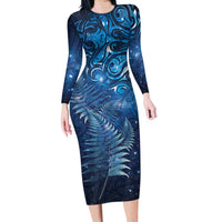 Matariki New Zealand Maori Silver Fern Long Sleeve Bodycon Dress Galaxy Blue Sky Style LT03 Long Dress Blue - Polynesian Pride