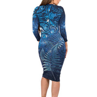 Matariki New Zealand Maori Silver Fern Long Sleeve Bodycon Dress Galaxy Blue Sky Style LT03 - Polynesian Pride
