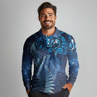 Matariki New Zealand Maori Silver Fern Long Sleeve Polo Shirt Galaxy Blue Sky Style LT03 - Polynesian Pride