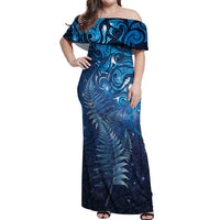 Matariki New Zealand Maori Silver Fern Off Shoulder Maxi Dress Galaxy Blue Sky Style LT03 Women Blue - Polynesian Pride