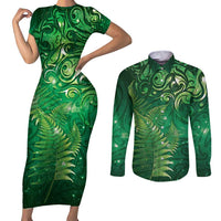 Matariki New Zealand Maori Silver Fern Couples Matching Short Sleeve Bodycon Dress and Long Sleeve Button Shirt Galaxy Green Sky Style LT03 Green - Polynesian Pride