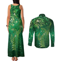Matariki New Zealand Maori Silver Fern Couples Matching Tank Maxi Dress and Long Sleeve Button Shirt Galaxy Green Sky Style LT03 - Polynesian Pride