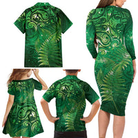 Matariki New Zealand Maori Silver Fern Family Matching Long Sleeve Bodycon Dress and Hawaiian Shirt Galaxy Green Sky Style LT03 - Polynesian Pride