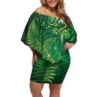 Matariki New Zealand Maori Silver Fern Off Shoulder Short Dress Galaxy Green Sky Style LT03 Women Green - Polynesian Pride
