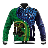 New Zealand Matariki Fern Frond Koru Baseball Jacket with Galaxy Blue Sky and Green Paua Shell Art LT03 Unisex Blue - Polynesian Pride