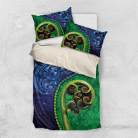New Zealand Matariki Fern Frond Koru Bedding Set with Galaxy Blue Sky and Green Paua Shell Art LT03 US Twin 172cm x 218cm Blue - Polynesian Pride