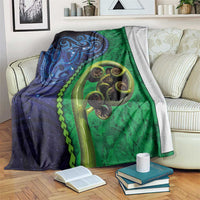 New Zealand Matariki Fern Frond Koru Blanket with Galaxy Blue Sky and Green Paua Shell Art LT03 Blue - Polynesian Pride