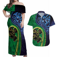 New Zealand Matariki Fern Frond Koru Couples Matching Off Shoulder Maxi Dress and Hawaiian Shirt with Galaxy Blue Sky and Green Paua Shell Art LT03 Blue - Polynesian Pride