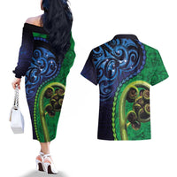 New Zealand Matariki Fern Frond Koru Couples Matching Off The Shoulder Long Sleeve Dress and Hawaiian Shirt with Galaxy Blue Sky and Green Paua Shell Art LT03 - Polynesian Pride
