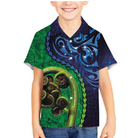 New Zealand Matariki Fern Frond Koru Family Matching Mermaid Dress and Hawaiian Shirt with Galaxy Blue Sky and Green Paua Shell Art LT03 Son's Shirt Blue - Polynesian Pride