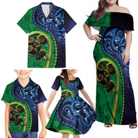New Zealand Matariki Fern Frond Koru Family Matching Off Shoulder Maxi Dress and Hawaiian Shirt with Galaxy Blue Sky and Green Paua Shell Art LT03 - Polynesian Pride