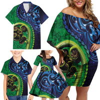 New Zealand Matariki Fern Frond Koru Family Matching Off Shoulder Short Dress and Hawaiian Shirt with Galaxy Blue Sky and Green Paua Shell Art LT03 - Polynesian Pride