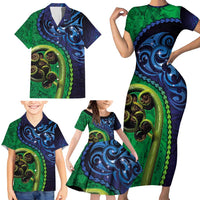 New Zealand Matariki Fern Frond Koru Family Matching Short Sleeve Bodycon Dress and Hawaiian Shirt with Galaxy Blue Sky and Green Paua Shell Art LT03 - Polynesian Pride