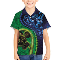 New Zealand Matariki Fern Frond Koru Family Matching Short Sleeve Bodycon Dress and Hawaiian Shirt with Galaxy Blue Sky and Green Paua Shell Art LT03 Son's Shirt Blue - Polynesian Pride
