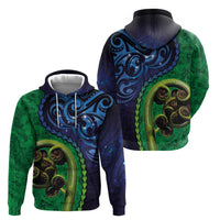 New Zealand Matariki Fern Frond Koru Hoodie with Galaxy Blue Sky and Green Paua Shell Art LT03 - Polynesian Pride