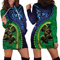 New Zealand Matariki Fern Frond Koru Hoodie Dress with Galaxy Blue Sky and Green Paua Shell Art LT03 - Polynesian Pride