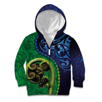 New Zealand Matariki Fern Frond Koru Kid Hoodie with Galaxy Blue Sky and Green Paua Shell Art LT03 Zip Hoodie Blue - Polynesian Pride