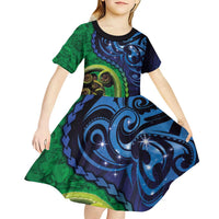 New Zealand Matariki Fern Frond Koru Kid Short Sleeve Dress with Galaxy Blue Sky and Green Paua Shell Art LT03 - Polynesian Pride