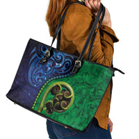 New Zealand Matariki Fern Frond Koru Leather Tote Bag with Galaxy Blue Sky and Green Paua Shell Art LT03 - Polynesian Pride