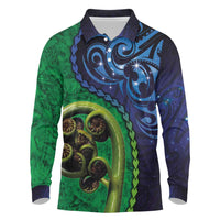 New Zealand Matariki Fern Frond Koru Long Sleeve Polo Shirt with Galaxy Blue Sky and Green Paua Shell Art LT03 Blue - Polynesian Pride