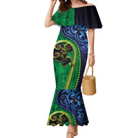 New Zealand Matariki Fern Frond Koru Mermaid Dress with Galaxy Blue Sky and Green Paua Shell Art LT03 Women Blue - Polynesian Pride