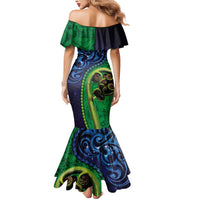 New Zealand Matariki Fern Frond Koru Mermaid Dress with Galaxy Blue Sky and Green Paua Shell Art LT03 - Polynesian Pride